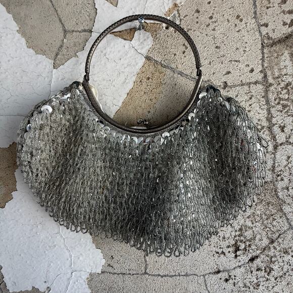 Vintage La Regale Silver Beaded Sequin Evening Bag Top Handle Purse Hong Kong - Picture 3 of 9